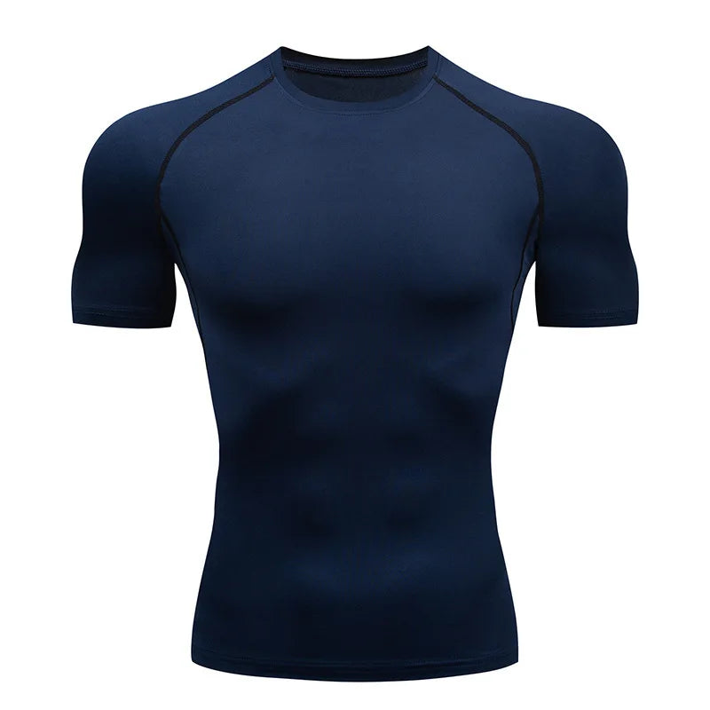 Navy blue athletic shirt with black accents on a white background