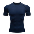 Navy blue athletic shirt with black accents on a white background