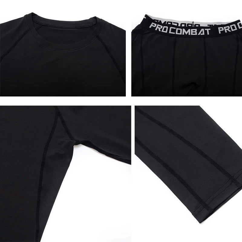 Detailed view of black men's compression sportswear showing stitching, sleeve, and waistband design for gym or training use.