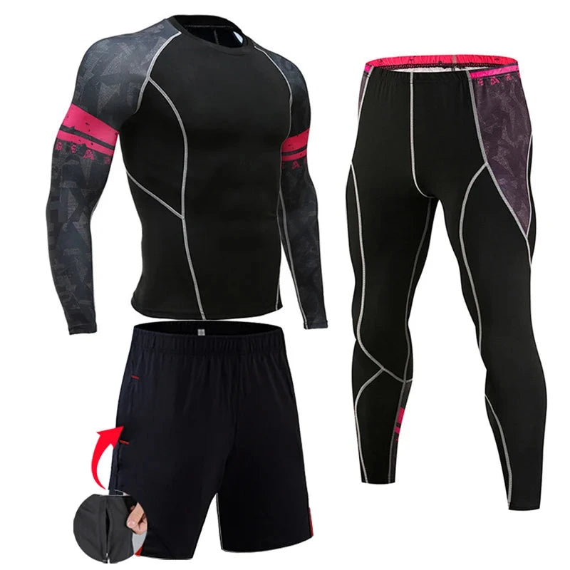 Black and pink men's compression sportswear set with camo sleeves, includes long-sleeve top, tights, and shorts for fitness or jogging.