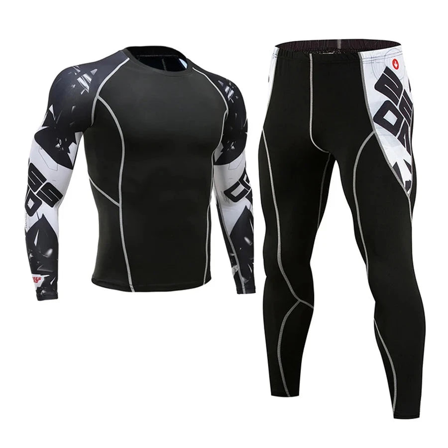 Men's compression set with black and white graphic sleeves, includes long-sleeve top and tights for running or gym workouts.