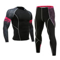 Black and pink men's compression suit with camo sleeves, includes long-sleeve top and tights for gym or running.