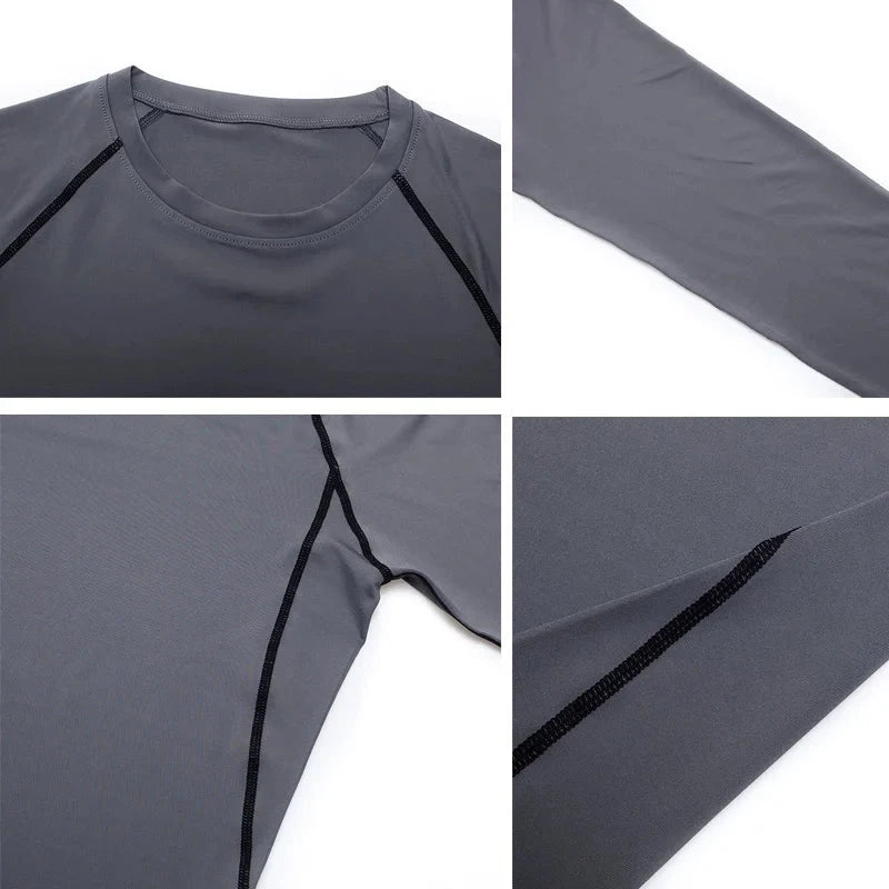 Gray men's compression suit close-up showing seam and sleeve construction, ideal for fitness, yoga, or running.