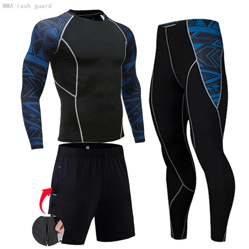 Men's gym compression suit with blue geometric sleeve design, includes long-sleeve shirt, tights, and shorts for fitness and running sessions.