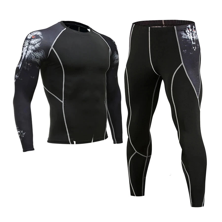 Black men's compression set with white claw graphic sleeves, includes long-sleeve top and tights for MMA or fitness.