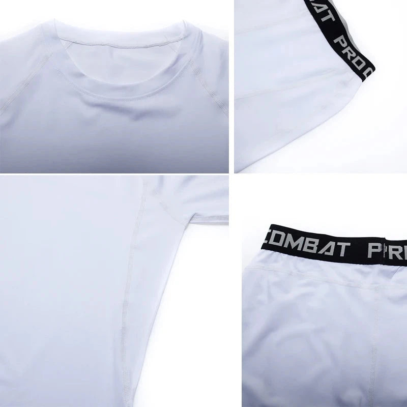 Close-up of white men's compression gym suit showing O-neck collar, stitching, and waistband details for fitness wear.