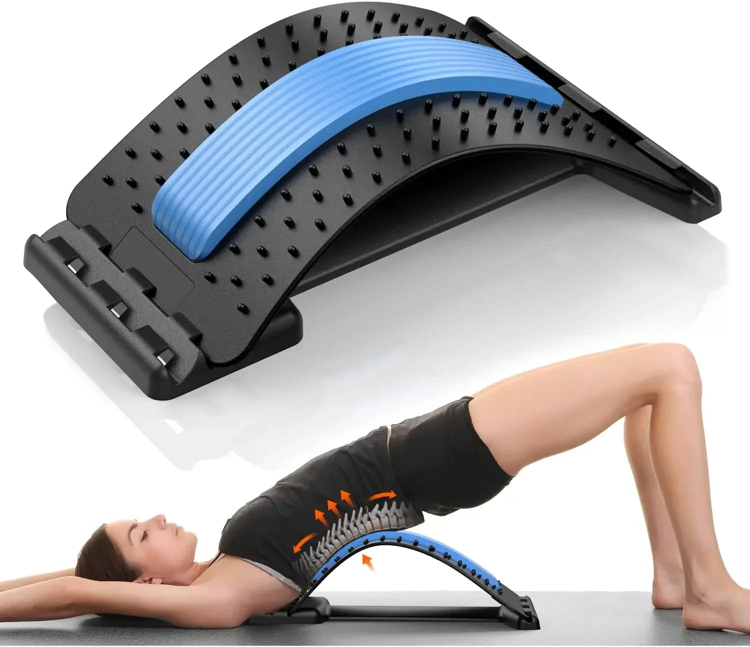 Four Level Adjustable Massager with Back Stretcher Waist Neck Support in blue used during yoga for spine alignment and lumbar relief.