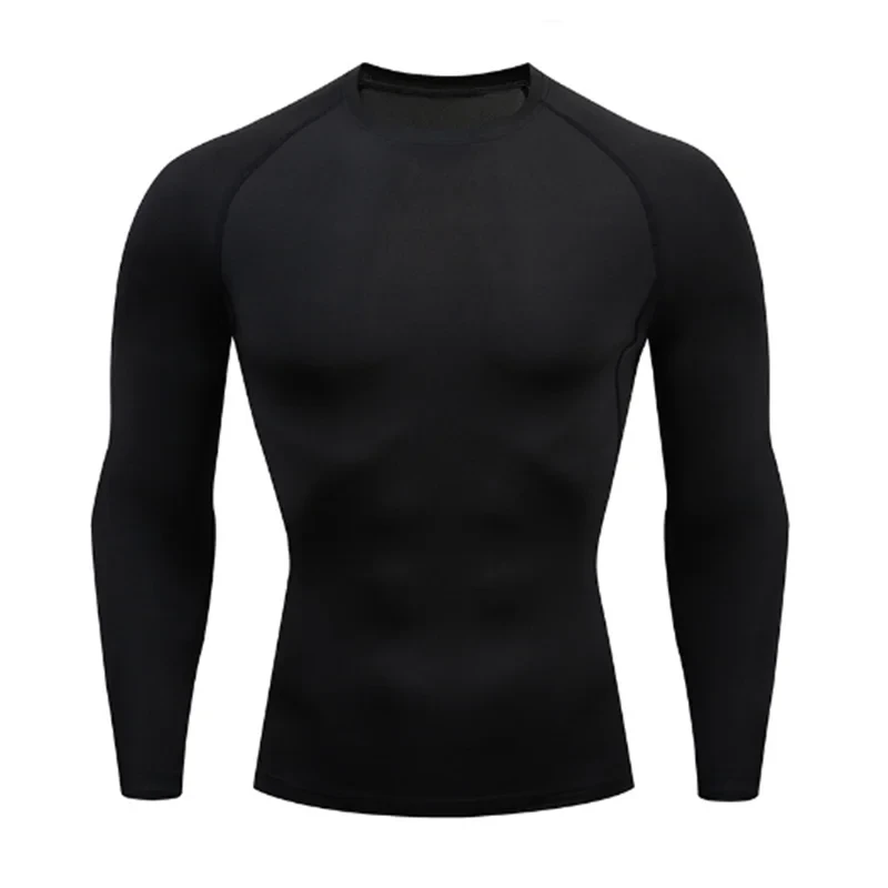 Black compression shirt with long sleeves from Men's Sports Suit Running fitne male Quick drying Sportswear Compression Clothing Fitness Training kit.