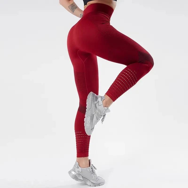 Red Women Fitness Leggings High Waist Seamless Leggings Sportswear with breathable mesh details and sculpting compression fit.