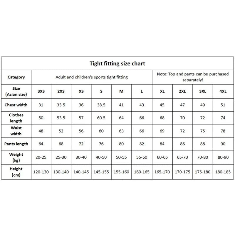 Size chart for Men Bodybuilding Sportswear Clothes Fitness Suit with Asian sizes from 3XS to 4XL, including chest, waist, and pants length.