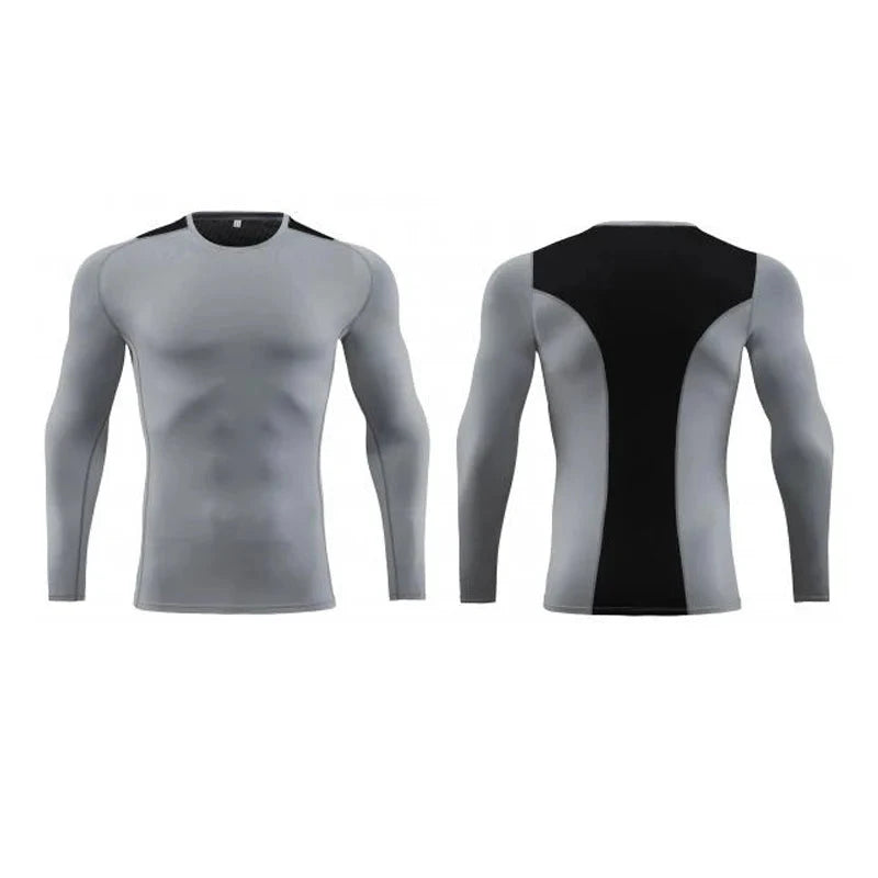 Grey compression top from Men Bodybuilding Sportswear Clothes Fitness Suit with black back panel for contrast and breathability.