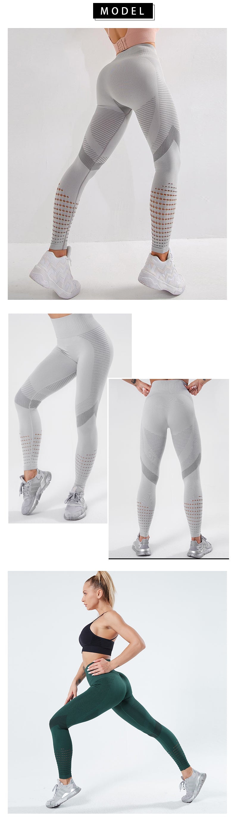 Model showcasing grey Women Fitness Leggings High Waist Seamless Leggings Sportswear with detailed mesh and contour design.