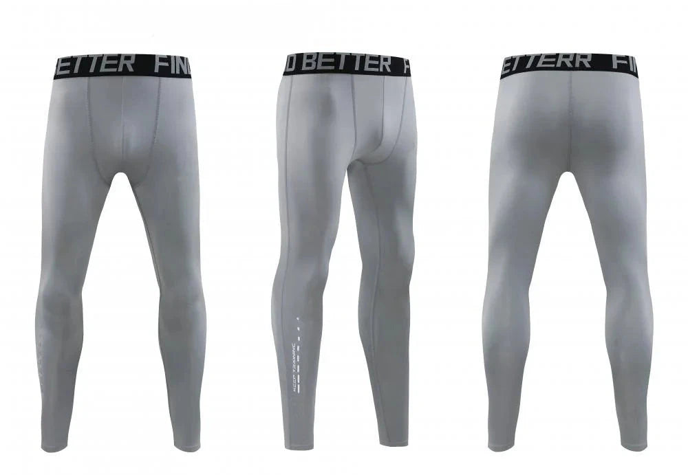 Grey compression workout pants from Men Bodybuilding Sportswear Clothes Fitness Suit shown from front, side, and back views.