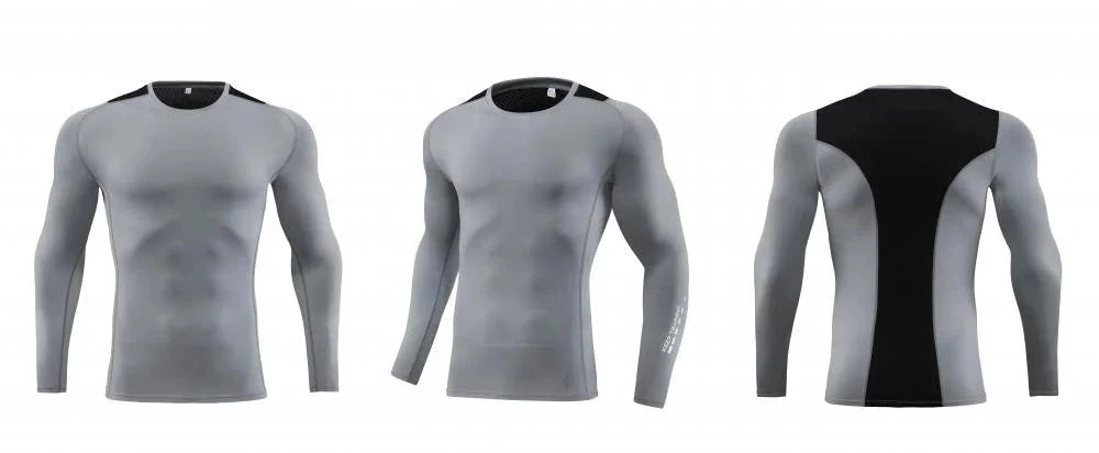 Grey compression long-sleeve top from Men Bodybuilding Sportswear Clothes Fitness Suit with black back panel, shown from multiple angles.