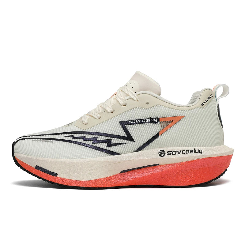 White running shoe with red sole on a white background