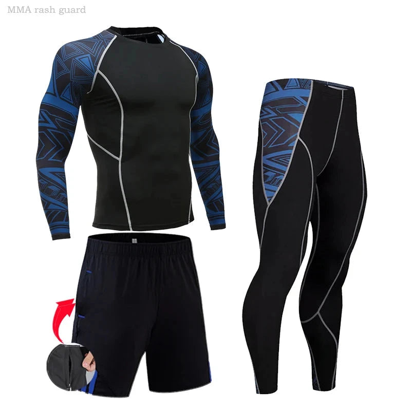 Men's compression gym set with blue geometric sleeves, includes long-sleeve top, tights, and shorts for training or MMA.