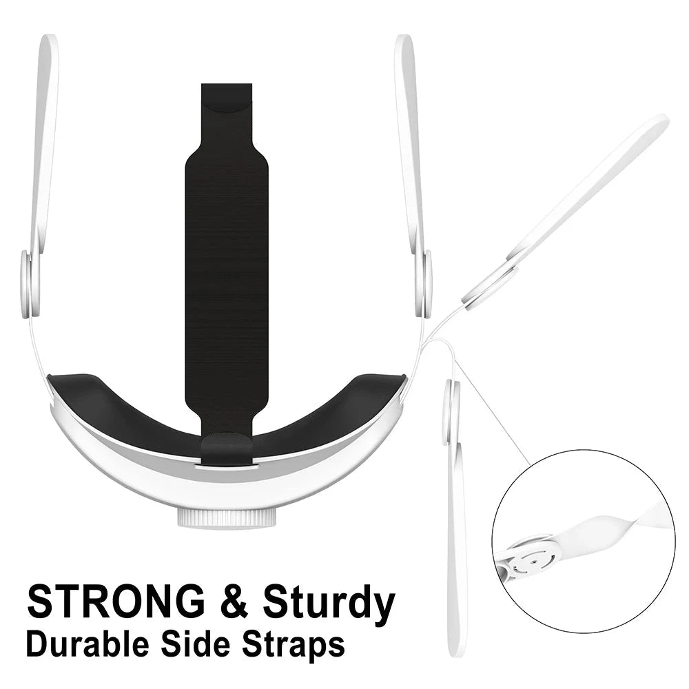 White VR head strap for Quest 2 with durable side straps and ergonomic support for extended wear.