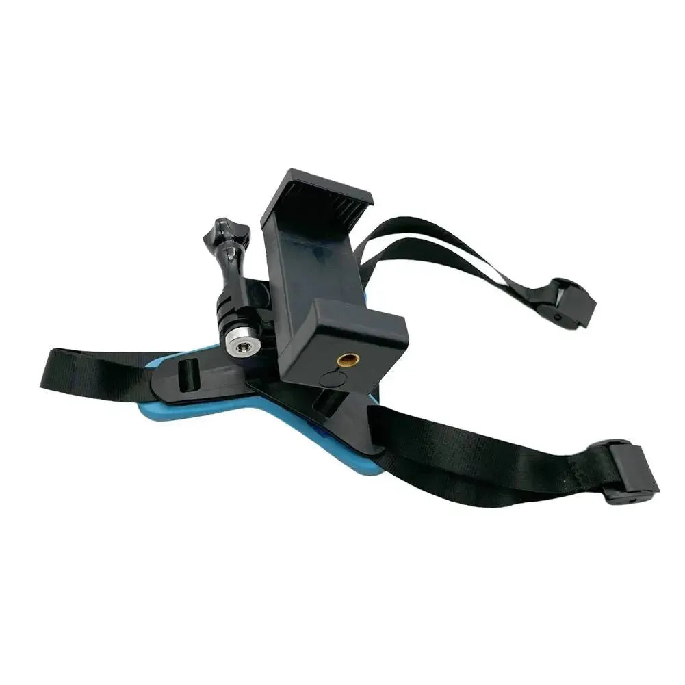 Motorcycle helmet chin mount with blue padding and adjustable phone holder for action recording.