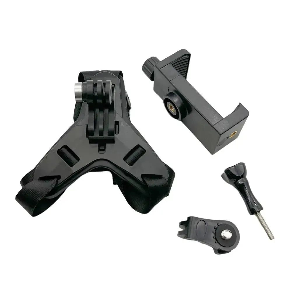 Helmet holder kit with chin strap mount, phone clamp, and screws for motorcycle riding accessories.