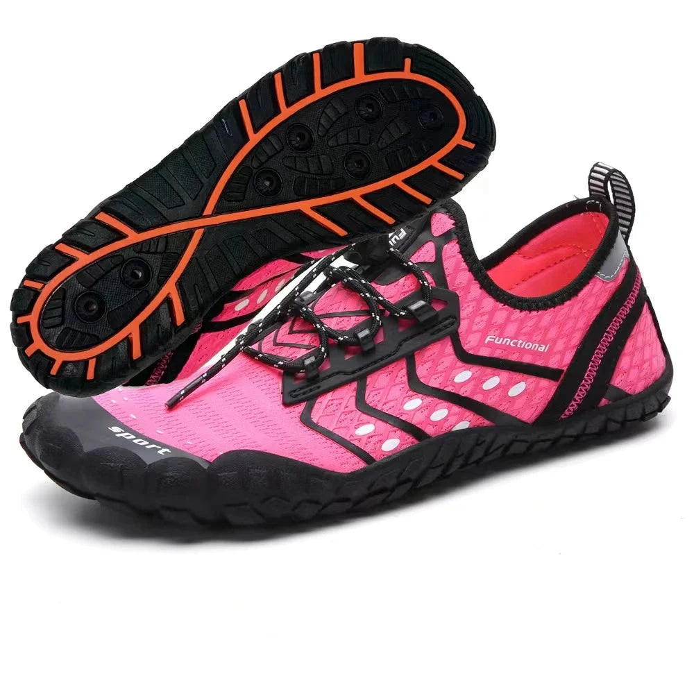Unisex pink aqua shoes for outdoor activities, lightweight, slip-on design with non-slip outsole, ideal for beach and gym.