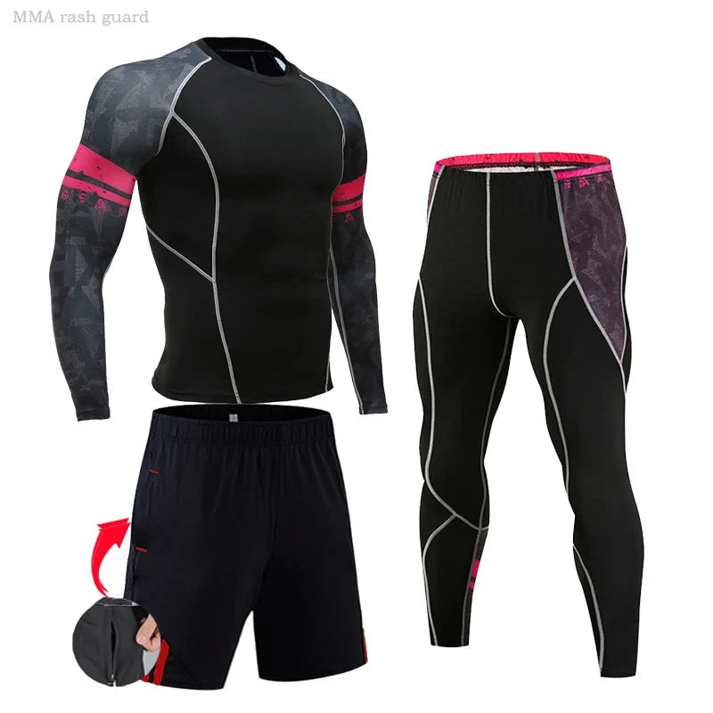 Black and pink men's compression workout set with camo sleeves, includes long-sleeve top, tights, and shorts for fitness or jogging.