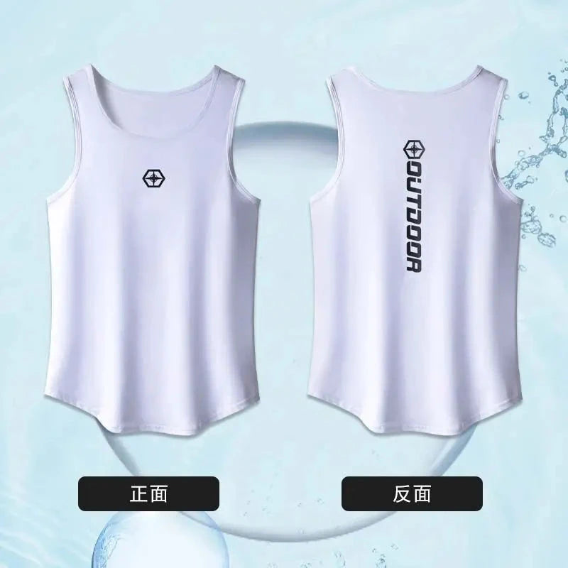 Front and back view of white vest from men's summer fitness suit set, featuring quick drying mesh fabric and outdoor branding.