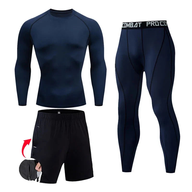 Navy blue men's compression gym set with long-sleeve top, tights, and shorts, ideal for fitness or yoga training.