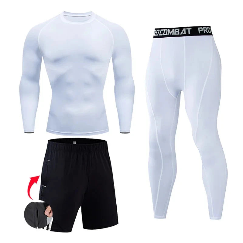White men's compression gym suit with long-sleeve top, tights, and black shorts, ideal for running, yoga, or fitness training.