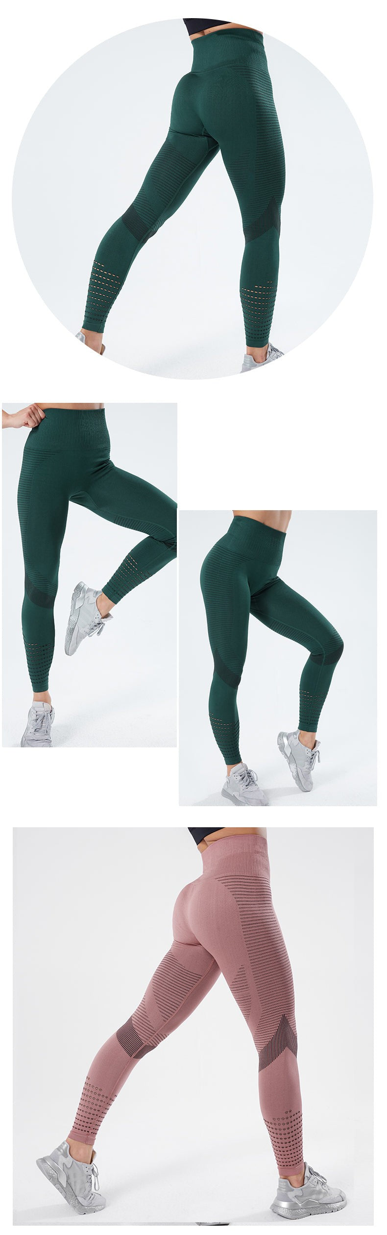 Green and pink Women Fitness Leggings High Waist Seamless Leggings Sportswear shown in various angles to highlight fit and texture.