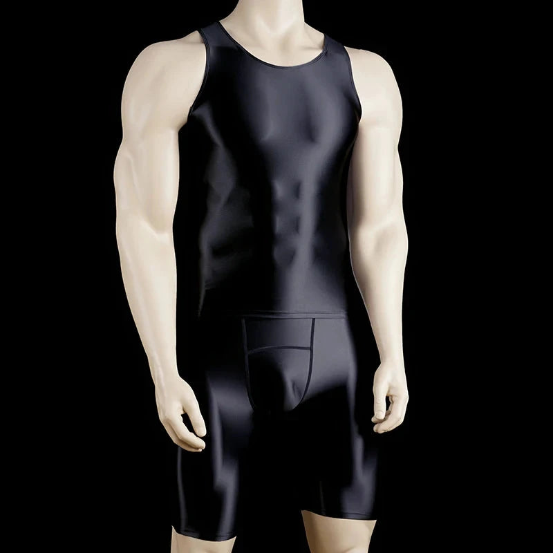 Men Thin Fitness vest Tights suit Slim Bottoms Satin Glossy Leggings Streetwear Athletic Shorts Quick-drying Compression Pants