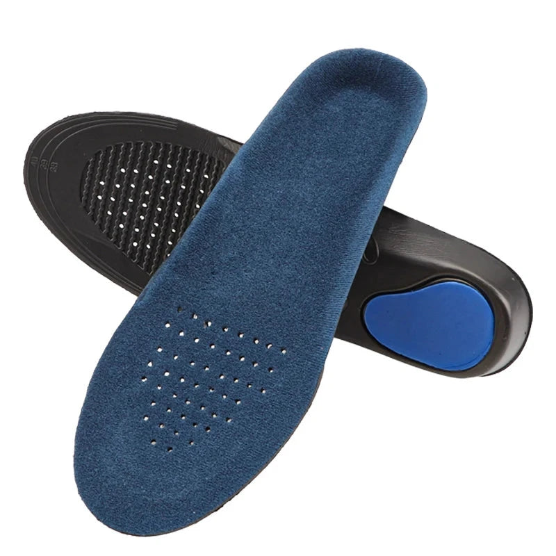 Orthotic shoe insoles providing arch support and comfort, shown with a foot demonstrating proper placement