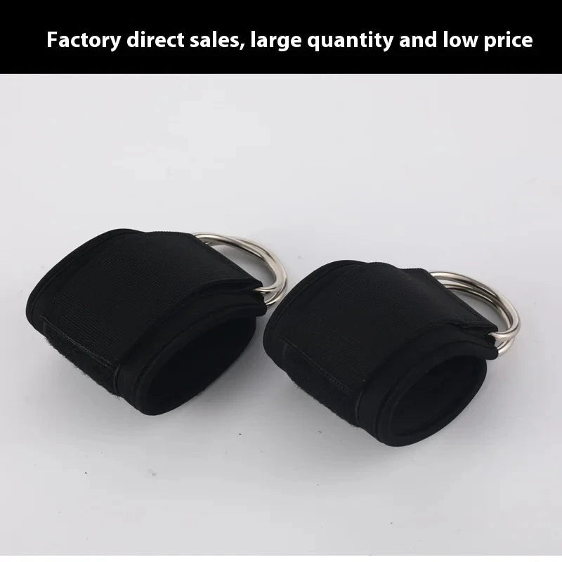 Heavy-duty black ankle buckles with dual metal rings for fitness training. Designed for leg muscle toning and tension rope attachment.
