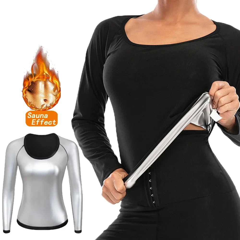 Sauna Suit Women Gym Clothing with silver inner lining and black outer layer, designed for sweating and weight loss during workouts.