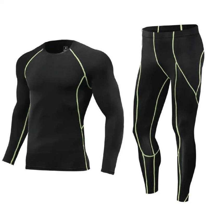 Black Men Bodybuilding Sportswear Clothes Fitness Suit with neon green stitching, designed for compression and athletic performance.