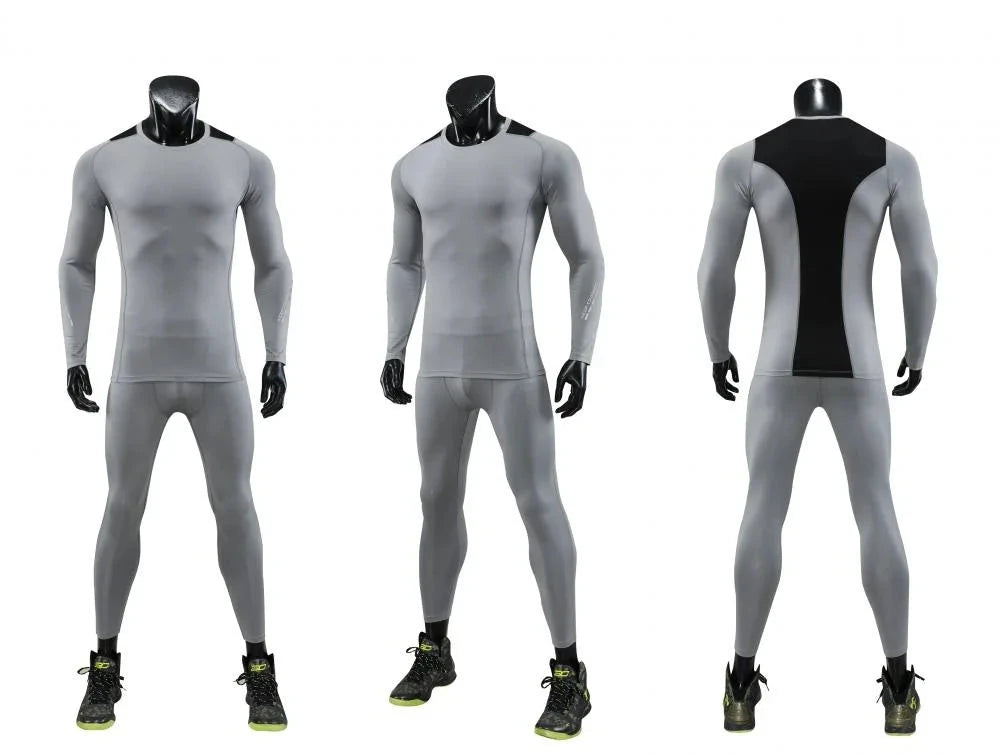 Grey Men Bodybuilding Sportswear Clothes Fitness Suit with black back panel shown from front, side, and rear angles.