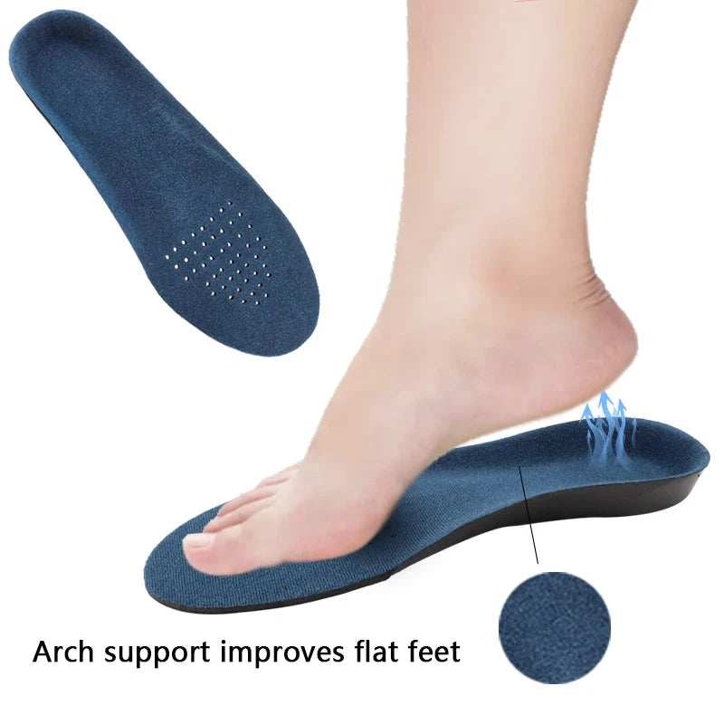 Orthotic shoe insoles providing arch support and comfort, shown with a foot demonstrating proper placement
