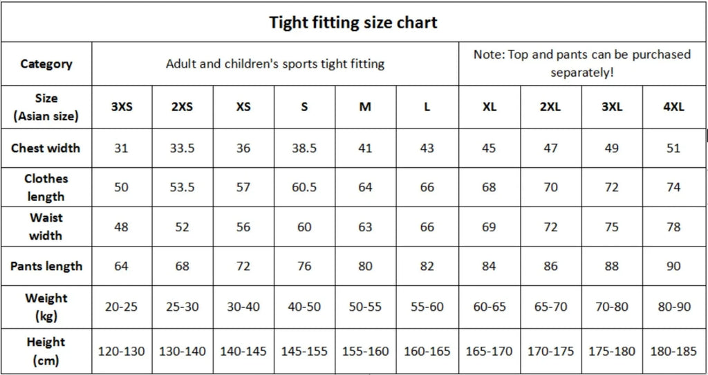 Detailed size chart for Men Bodybuilding Sportswear Clothes Fitness Suit, listing measurements and recommended height and weight ranges.