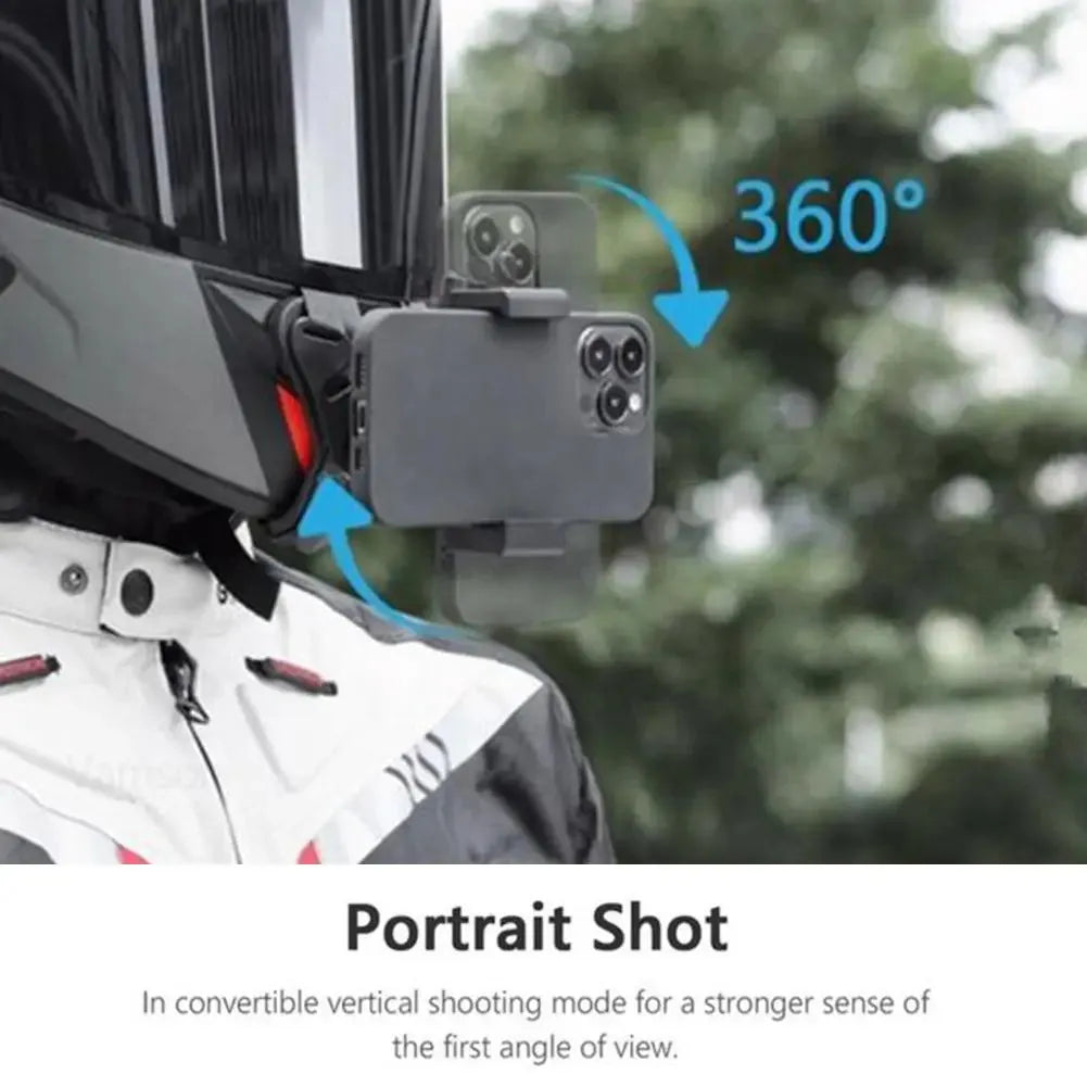 Helmet-mounted mobile phone holder with 360° rotation for portrait video capture during motorcycle rides.