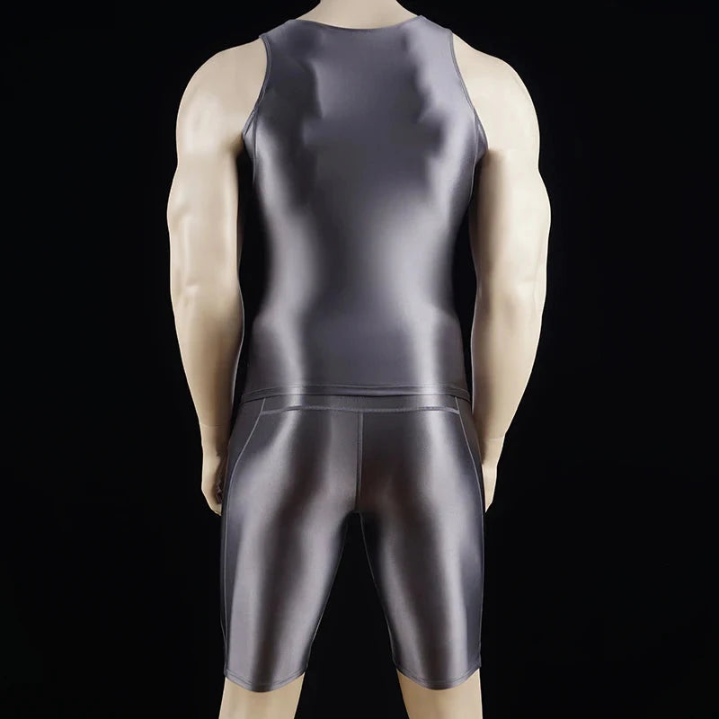 Men Thin Fitness vest Tights suit Slim Bottoms Satin Glossy Leggings Streetwear Athletic Shorts Quick-drying Compression Pants