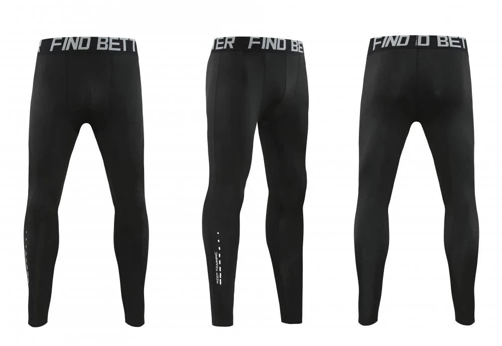 Black compression workout pants from Men Bodybuilding Sportswear Clothes Fitness Suit with 'FIND BETTER' waistband, shown from all sides.