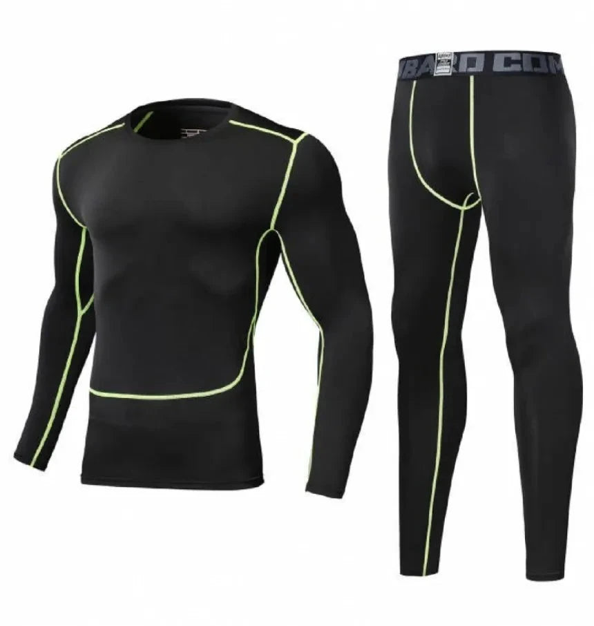 Black Men Bodybuilding Sportswear Clothes Fitness Suit with neon green stitching and 'COMBAT' waistband for athletic training.