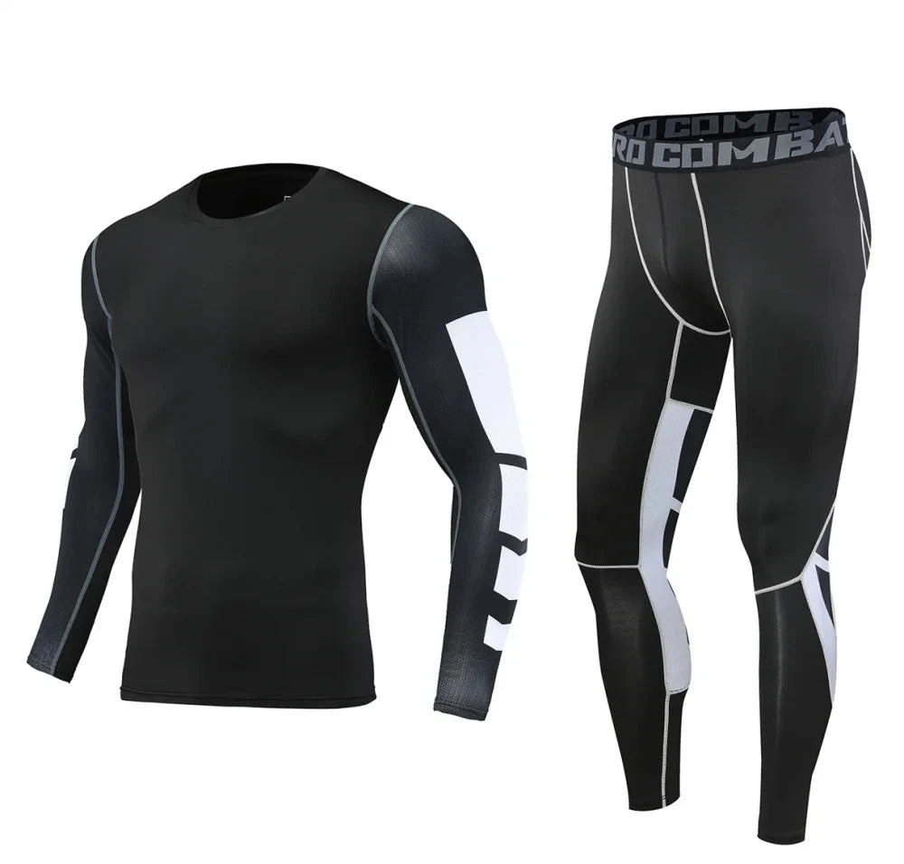 Black Men Bodybuilding Sportswear Clothes Fitness Suit with white panel design on arms and legs for stylish athletic wear.