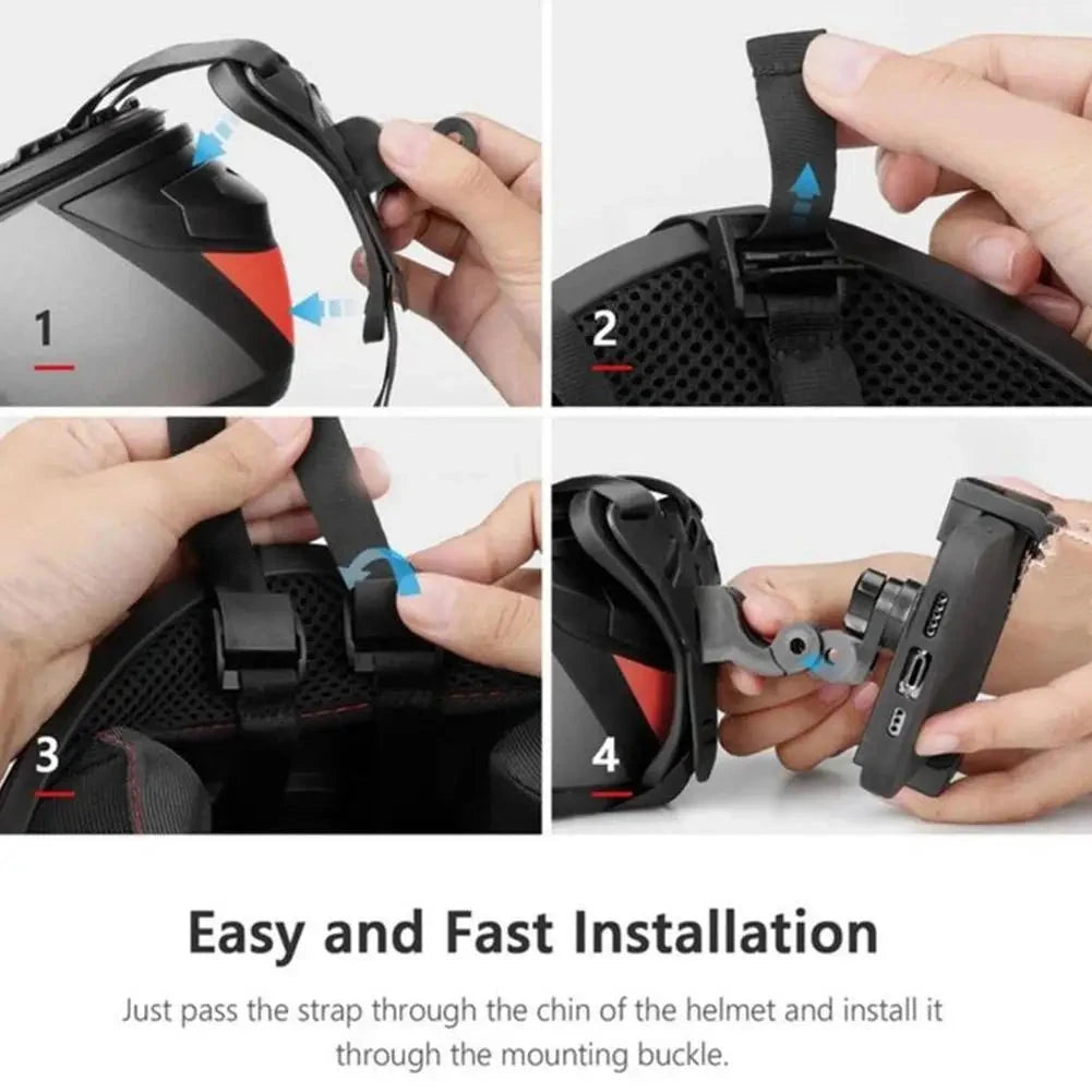 Step-by-step guide for easy and fast installation of helmet chin mount for mobile phone or camera.