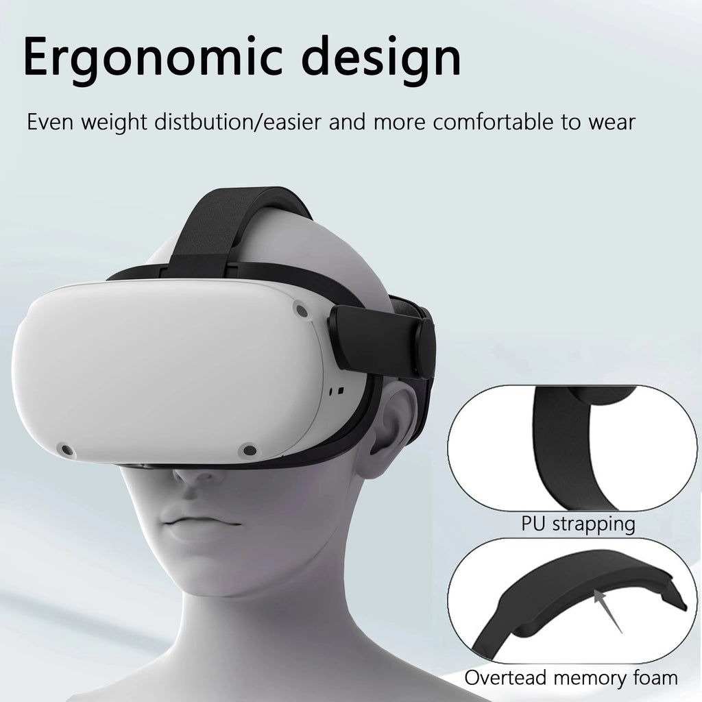 Elite strap for Quest 2 with ergonomic design, PU strapping, and overhead memory foam for balanced weight and comfort.