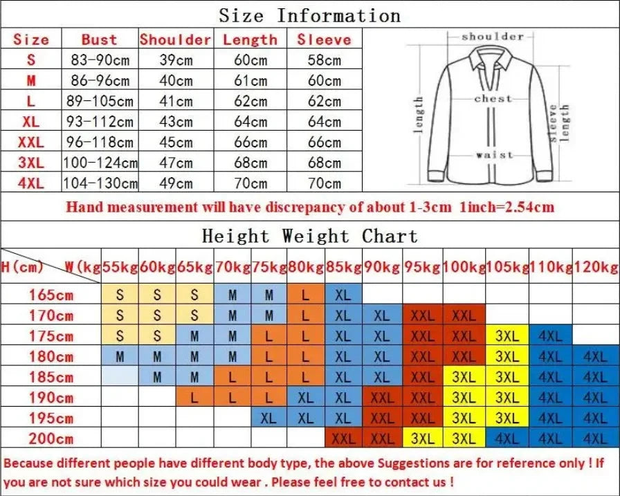Size chart and height-weight guide for Men's Sports Suit Running fitne male Quick drying Sportswear Compression Clothing Fitness Training kit.