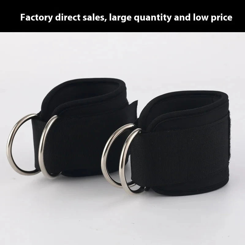 Black fitness ankle loop with double metal rings for leg muscle training and resistance workouts. Durable polyester ankle buckle for gantry frame use.