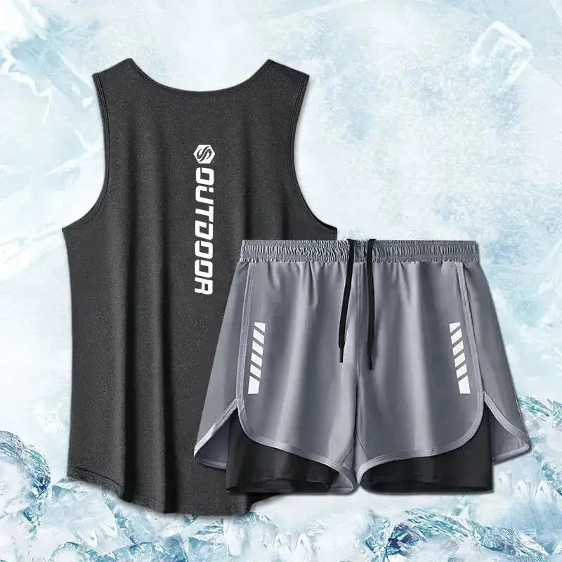 Black vest and gray shorts from men's summer quick drying sport suit set, featuring mesh ventilation for running and training.