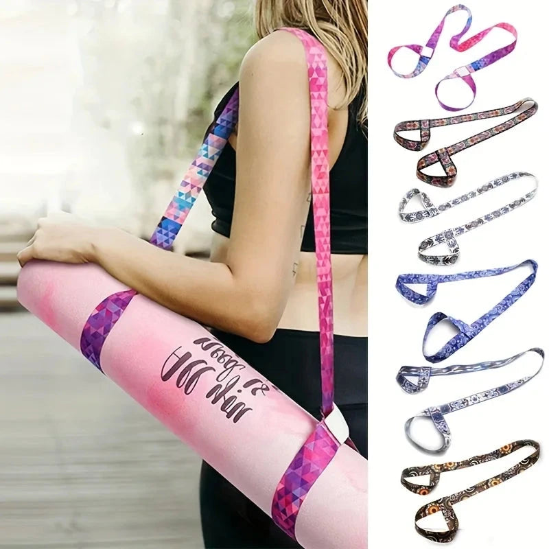 Adjustable yoga mat strap in pink geometric pattern used as a shoulder strap for carrying a rolled yoga mat. Ideal for fitness and travel convenience.