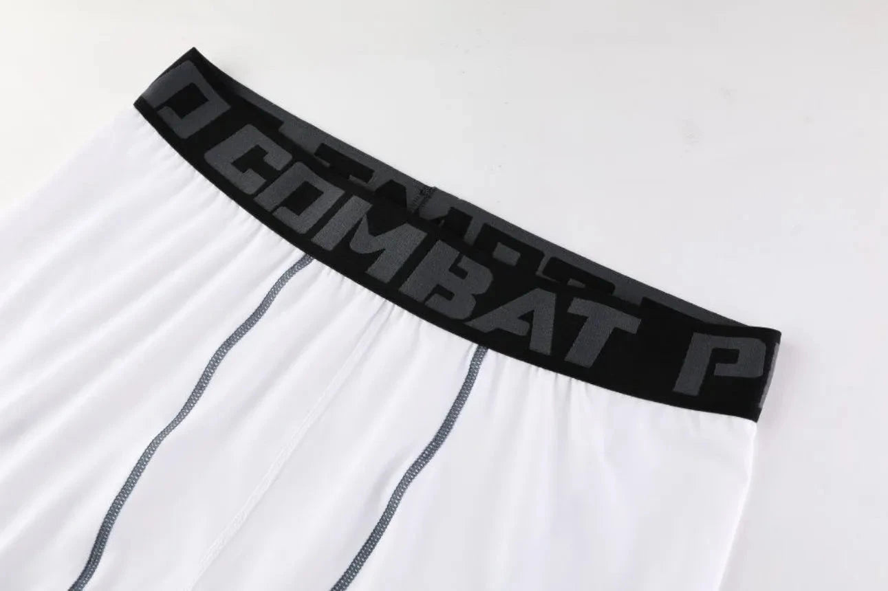 Elastic waistband with 'COMBAT' branding on white Men Bodybuilding Sportswear Clothes Fitness Suit pants for snug fit.