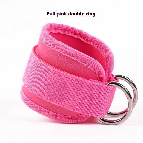Full pink double ring ankle strap made of soft polyester for leg and glute workouts. Compatible with resistance bands and cable machines.
